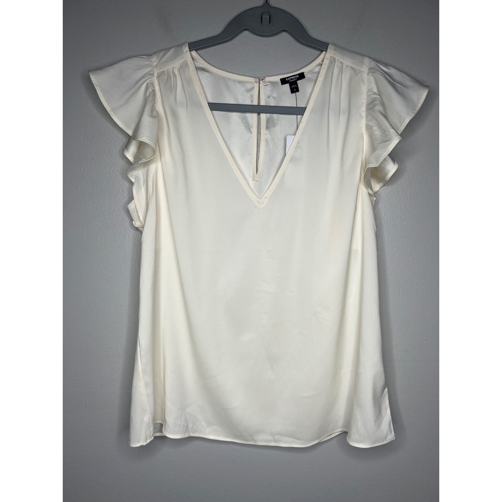 Express Gramercy V-Neck Ruffle Flutter Sleeve Blouse Ivory White NWT Size M